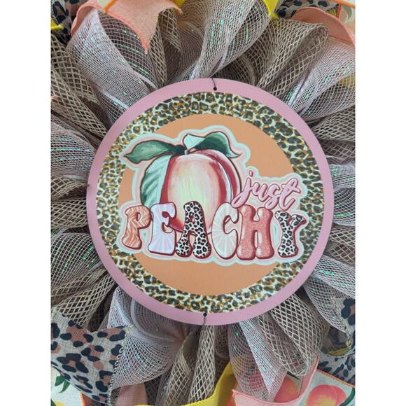 Handmade Peach Leopard Print Deco Mesh Wreath, Summer Front Door Hanger Decor - Picture 2 of 7